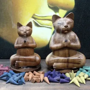 Wooden Carved Incense Burners – Lrg Yoga Cat | www.artisangoods.co.uk 2