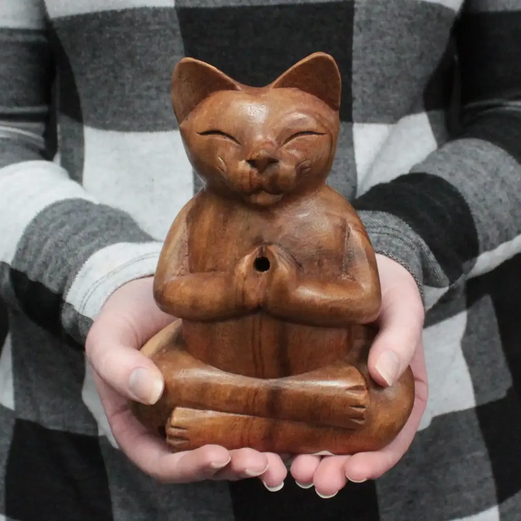 Wooden Carved Incense Burners – Lrg Yoga Cat | www.artisangoods.co.uk
