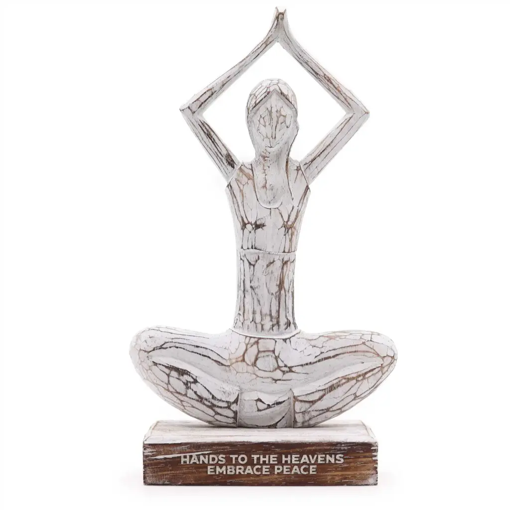 Wooden Yoga Lady – Whitewash – Hands Up Pose – “Hands to the Heavens Embrace Peace” | www.artisangoods.co.uk