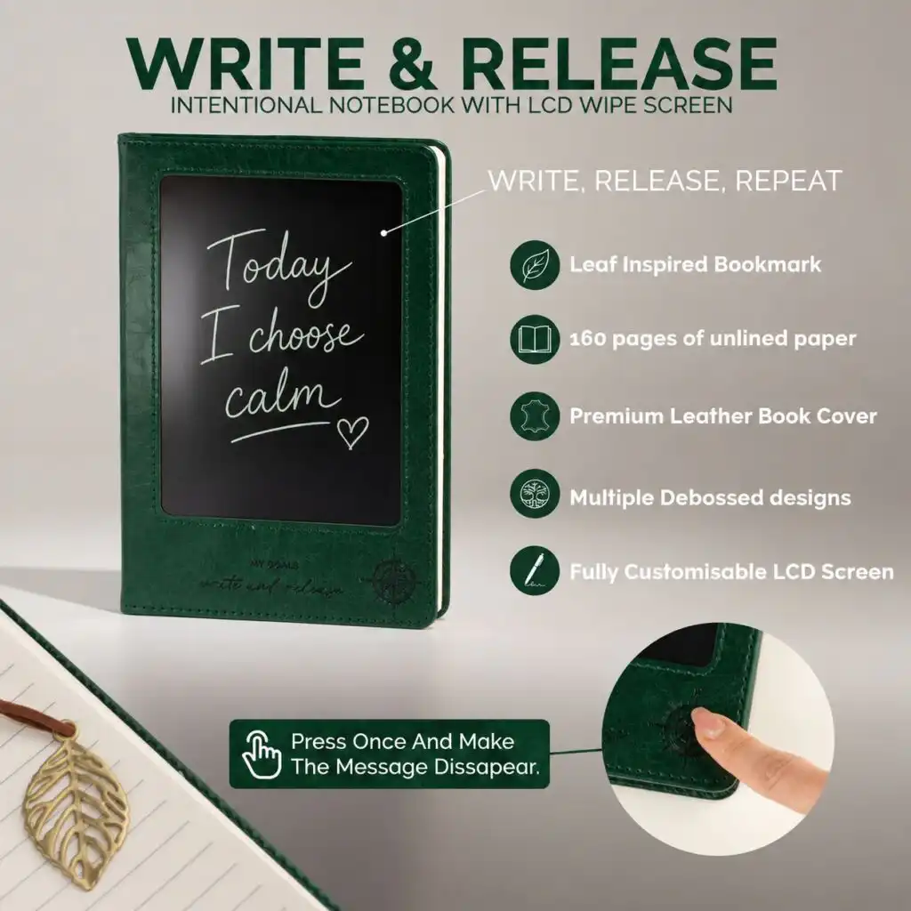 A5 Intention Note Book - LCD Wipe Screen - Green Leather Effect - 160 Pages