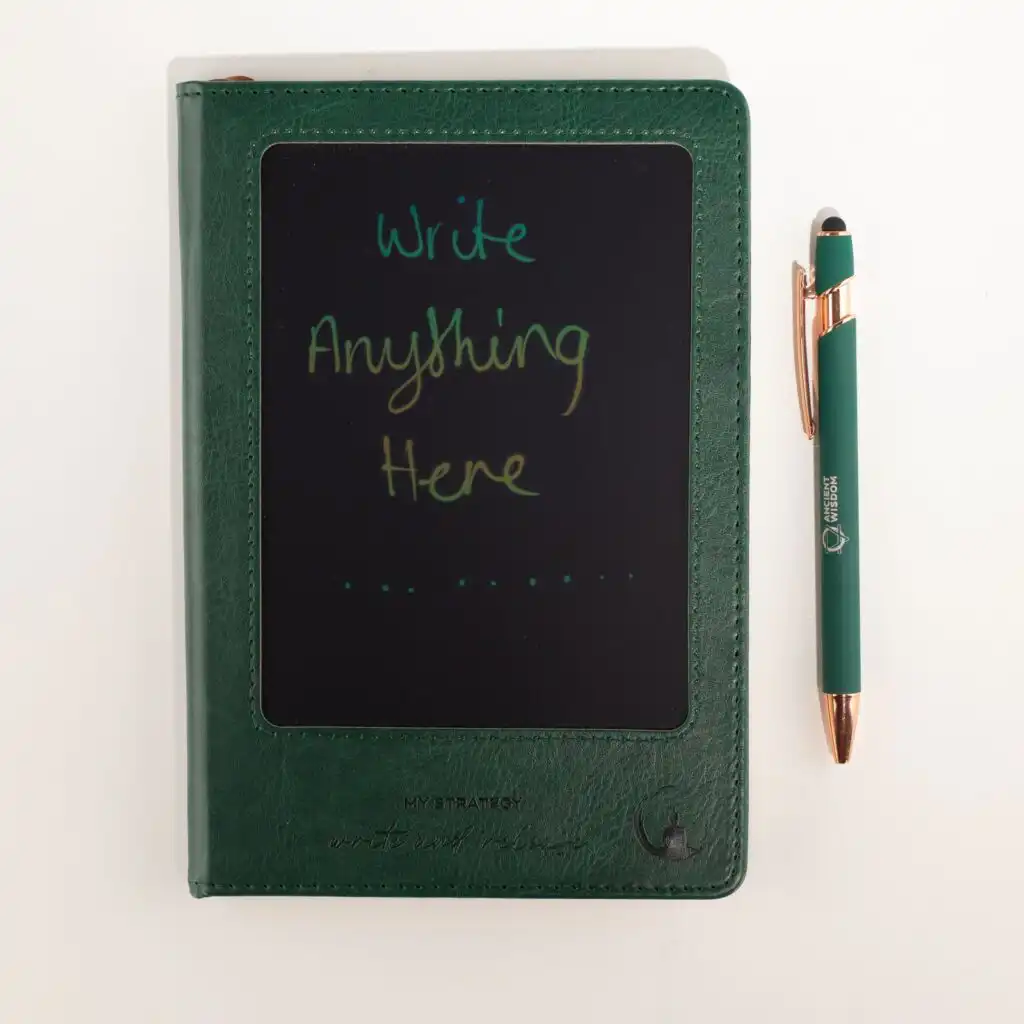 A5 Intention Note Book - LCD Wipe Screen - Green Leather Effect - 160 Pages
