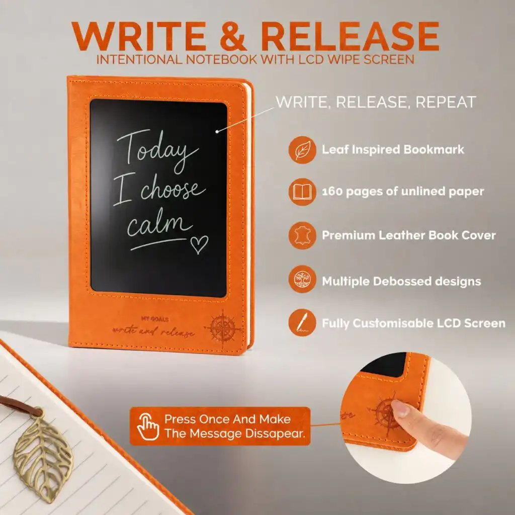 A5 Intention Note Book - LCD Wipe Screen - Orange Leather Effect - 160 Pages