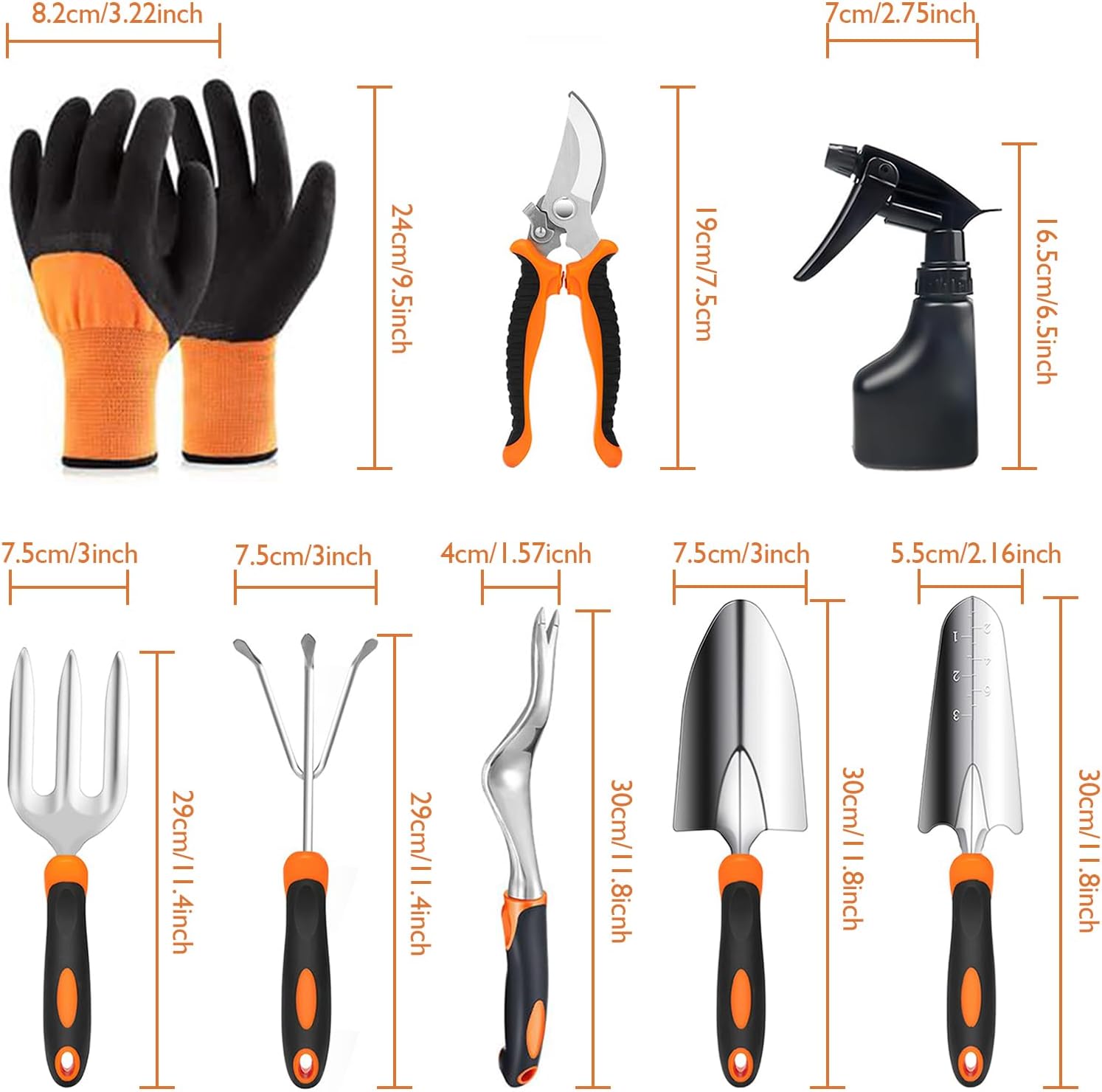 ABRFC 11-Piece Heavy Duty Aluminium Garden Tool Set in Orange (11