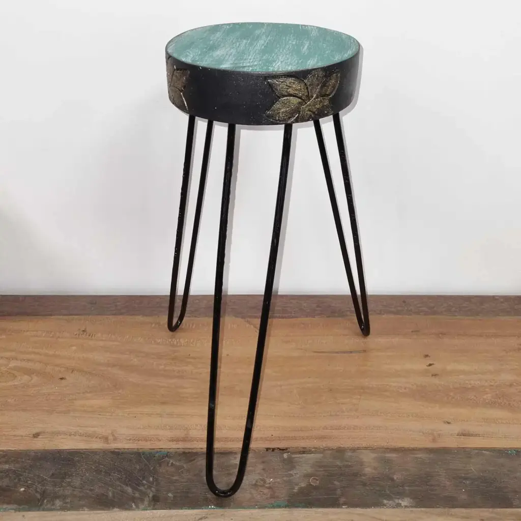 Albasia Wood Plant Stand – Turquoise & gold detail | www.artisangoods.co.uk 3