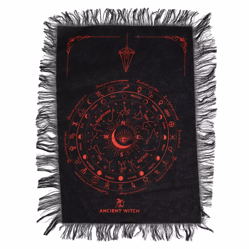 Ancient Witch Pendulum Divination Cloth – All Seeing Eye – Black & Blood Red | www.artisangoods.co.uk