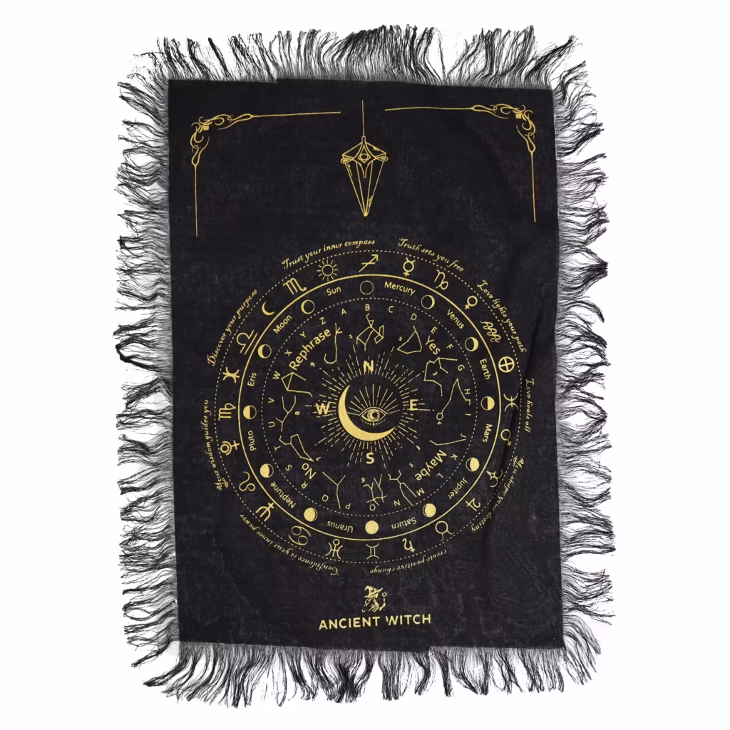 Ancient Witch Pendulum Divination Cloth – All Seeing Eye – Black & Gold | www.artisangoods.co.uk