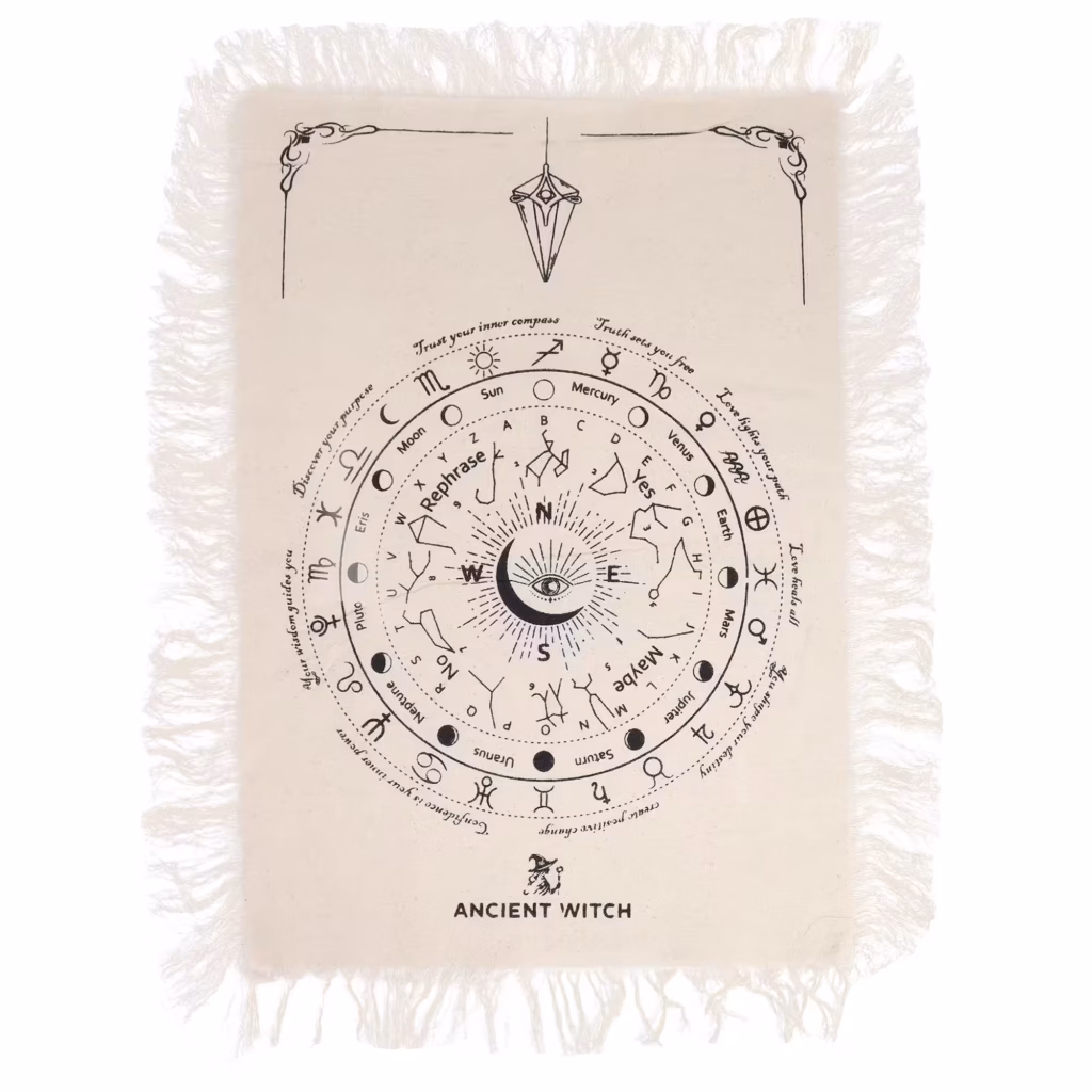 Ancient Witch Pendulum Divination Cloth – All Seeing Eye – Natural & Black | www.artisangoods.co.uk