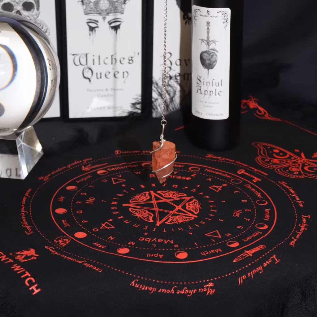 Ancient Witch Pendulum Divination Cloth – Mystic Moth – Black & Blood Red | www.artisangoods.co.uk