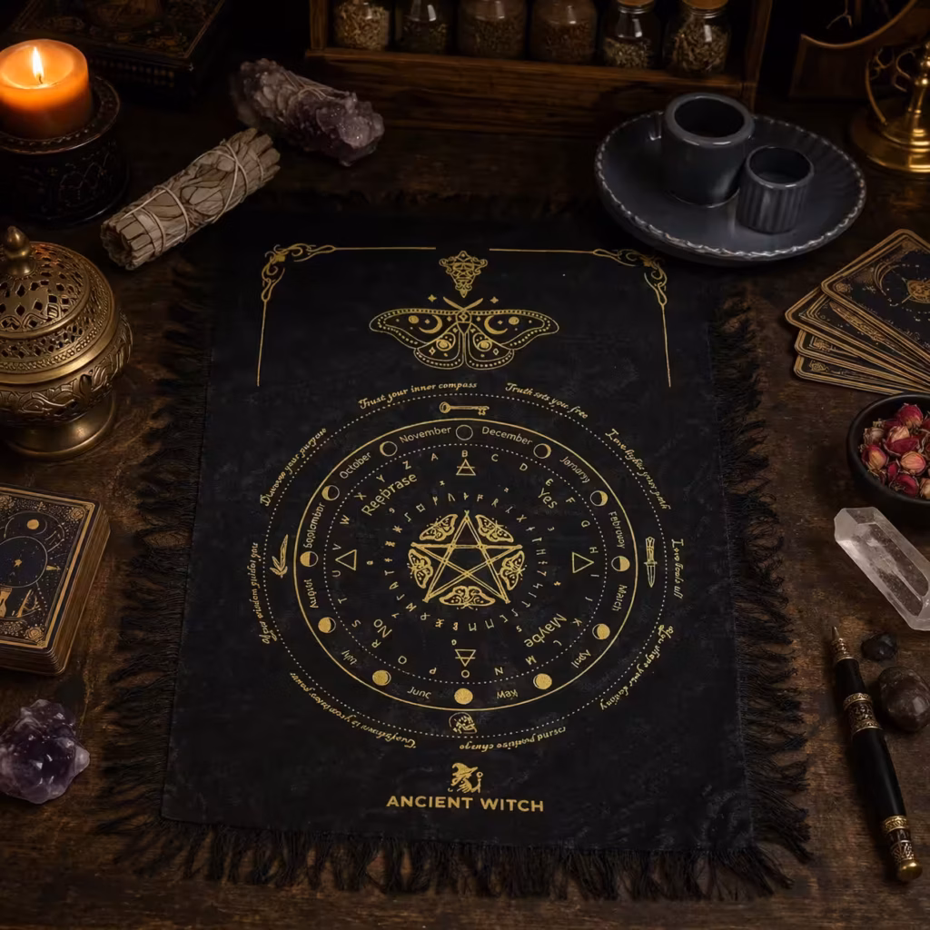 Ancient Witch Pendulum Divination Cloth – Mystic Moth – Black & Gold | www.artisangoods.co.uk