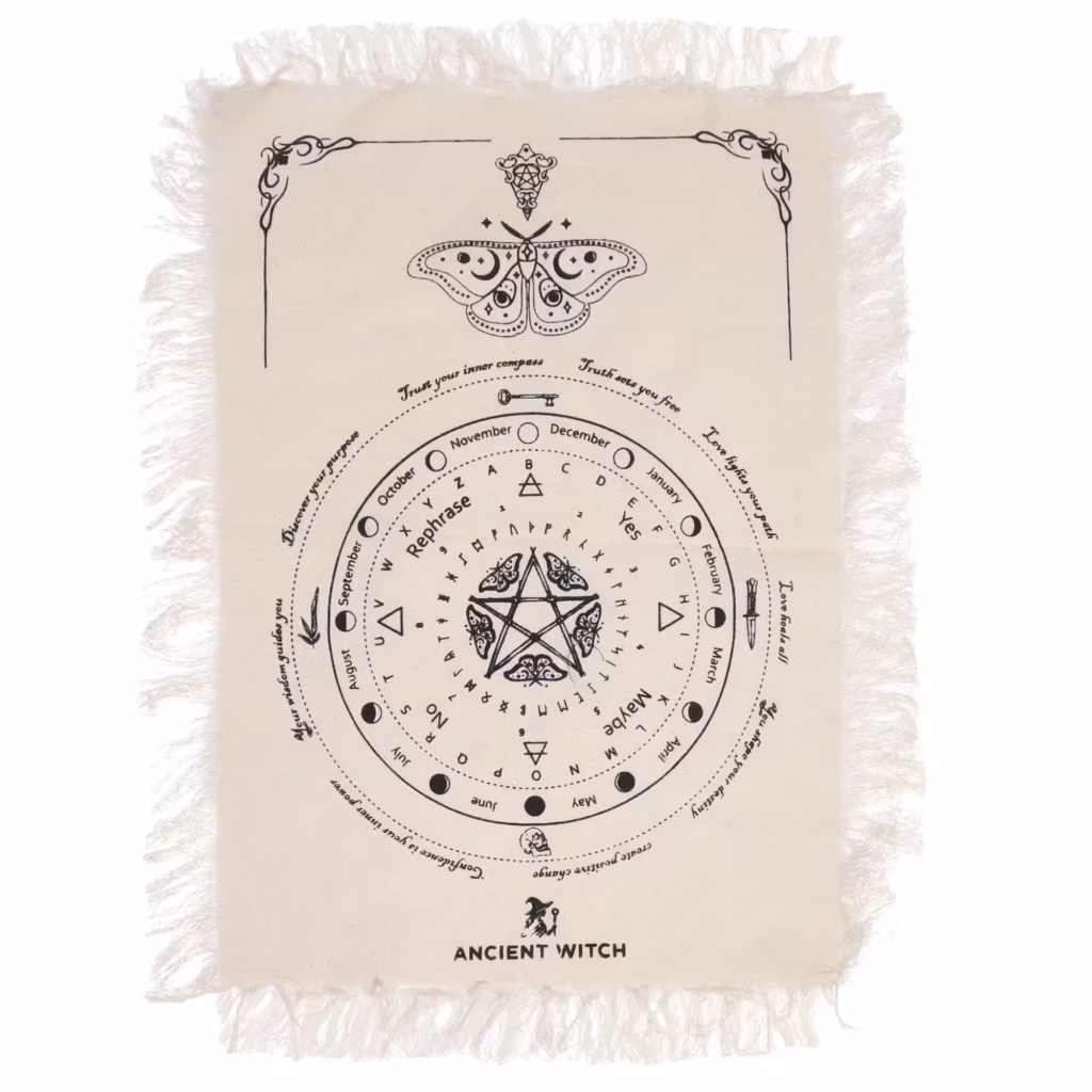 Ancient Witch Pendulum Divination Cloth – Mystic Moth – Natural & Black | www.artisangoods.co.uk