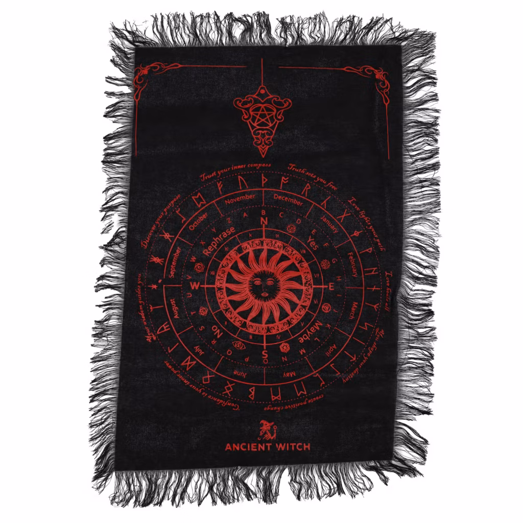 Ancient Witch Pendulum Divination Cloth – Sun Face – Black & Blood Red | www.artisangoods.co.uk