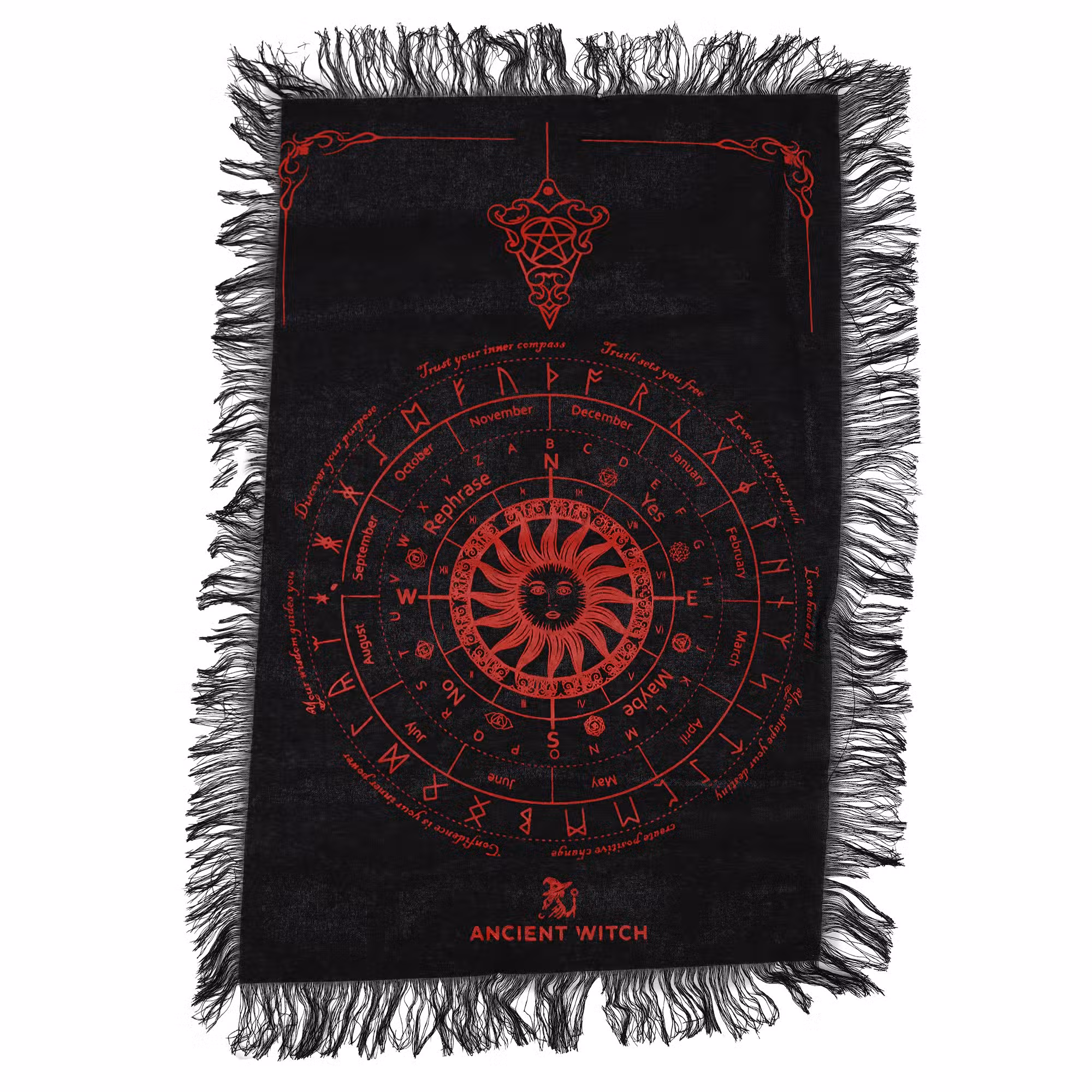 Ancient Witch Pendulum Divination Cloth – Sun Face – Black & Blood Red | www.artisangoods.co.uk 1