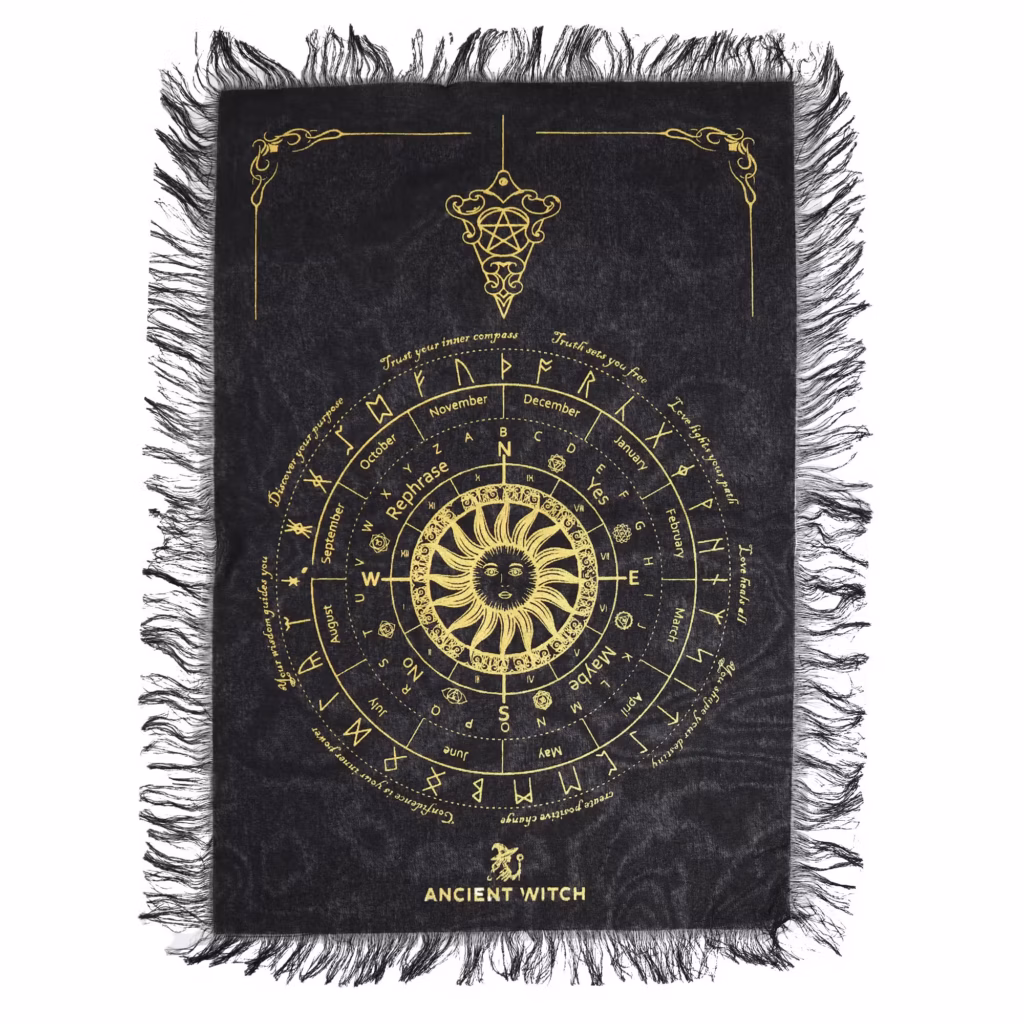 Ancient Witch Pendulum Divination Cloth – Sun Face – Black & Gold | www.artisangoods.co.uk