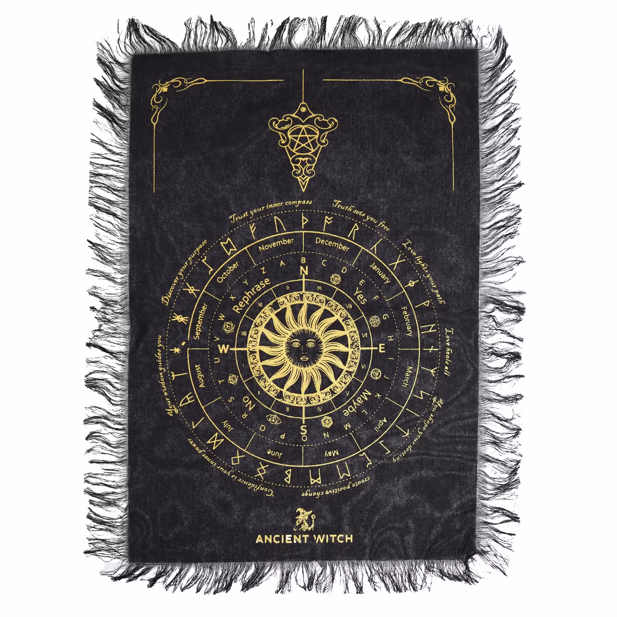 Ancient Witch Pendulum Divination Cloth – Sun Face – Black & Gold | www.artisangoods.co.uk 1