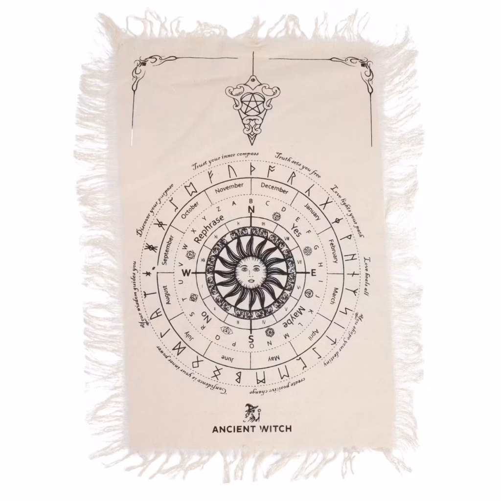 Ancient Witch Pendulum Divination Cloth – Sun Face – Natural & Black | www.artisangoods.co.uk