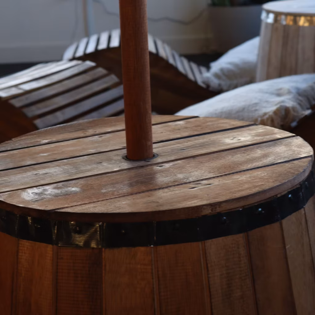 Beer Barrel Table & Parasol Stand – Natural Wood 60 x 48.5 cm | www.artisangoods.co.uk