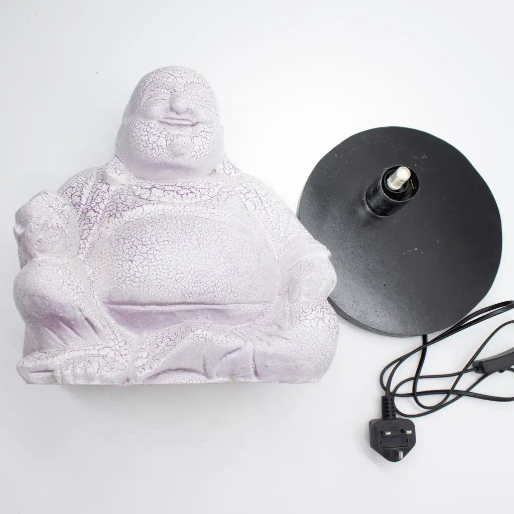 Laughing Buddha Lamp Lavender Crackle – Round Stand | www.artisangoods.co.uk