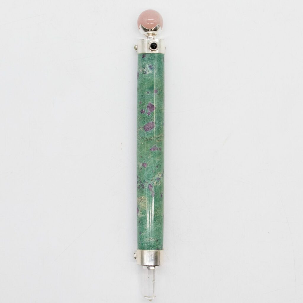 Verdant Heart Wand – Ruby Fuchsite Rose Quartz Crystal Ball top – 23cm | www.artisangoods.co.uk 2 Verdant Heart Wand – Ruby Fuchsite Rose Quartz Crystal Ball top – 23cm | www.artisangoods.co.uk 2