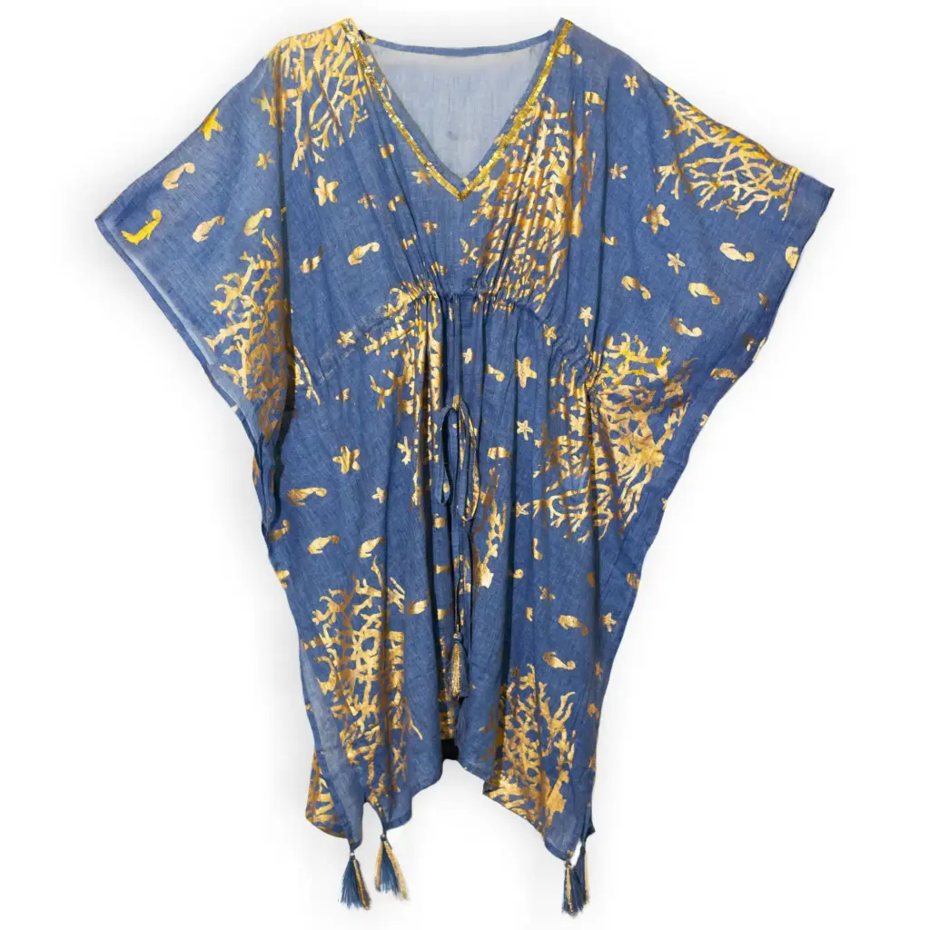 Nomad Sari Kaftan – Sea Blue with Gold Coral Print | www.artisangoods.co.uk