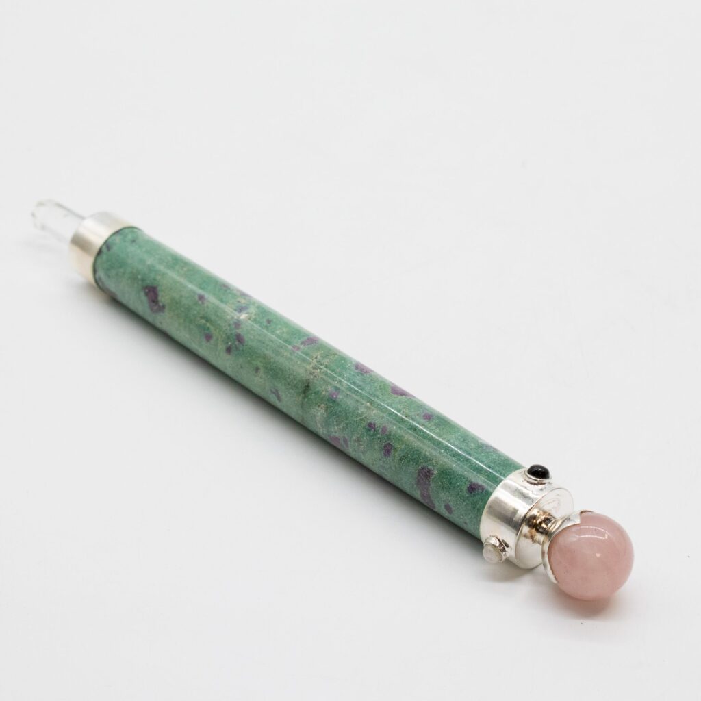 Verdant Heart Wand – Ruby Fuchsite Rose Quartz Crystal Ball top – 23cm | www.artisangoods.co.uk 3 Verdant Heart Wand – Ruby Fuchsite Rose Quartz Crystal Ball top – 23cm | www.artisangoods.co.uk 3