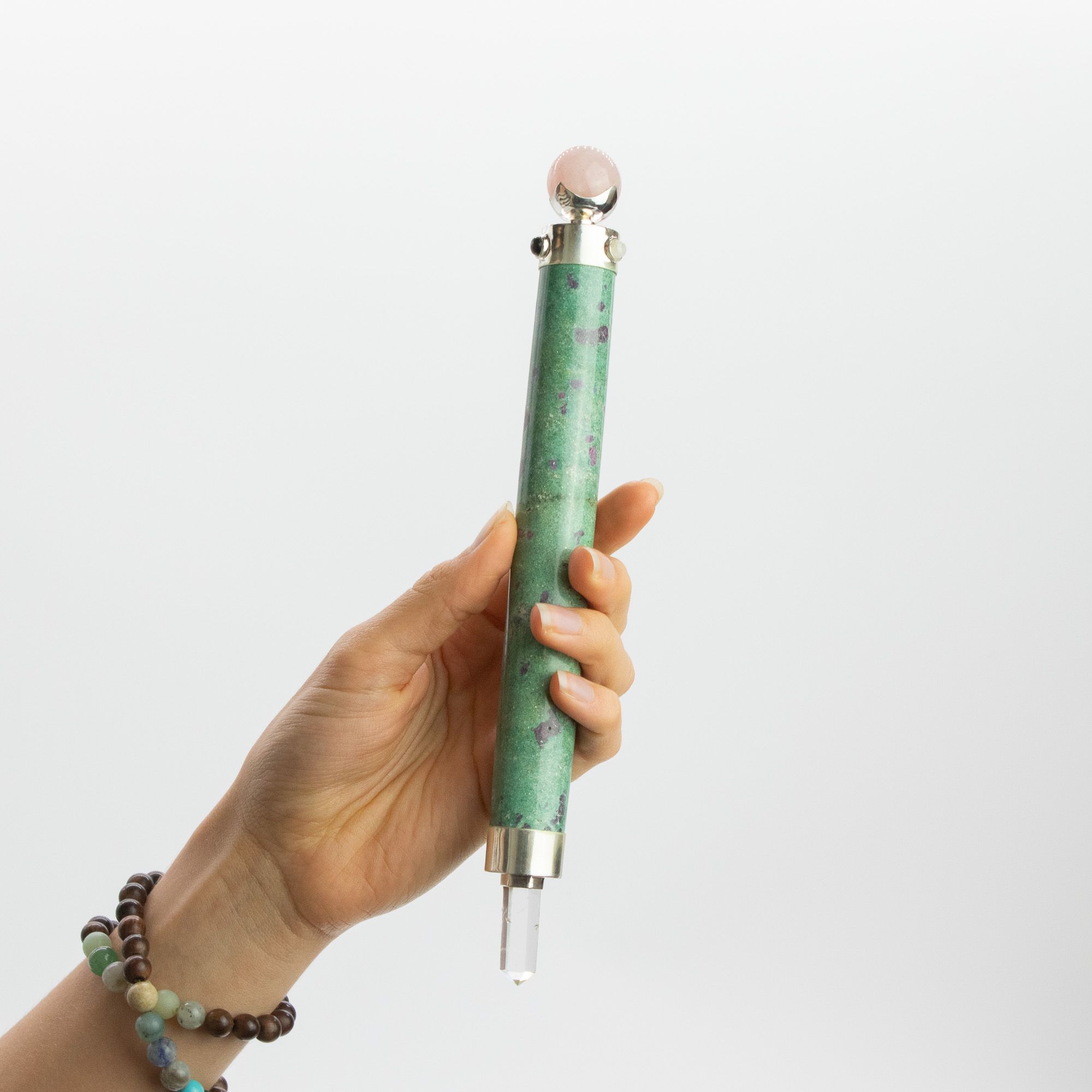 Verdant Heart Wand – Ruby Fuchsite Rose Quartz Crystal Ball top – 23cm | www.artisangoods.co.uk 7