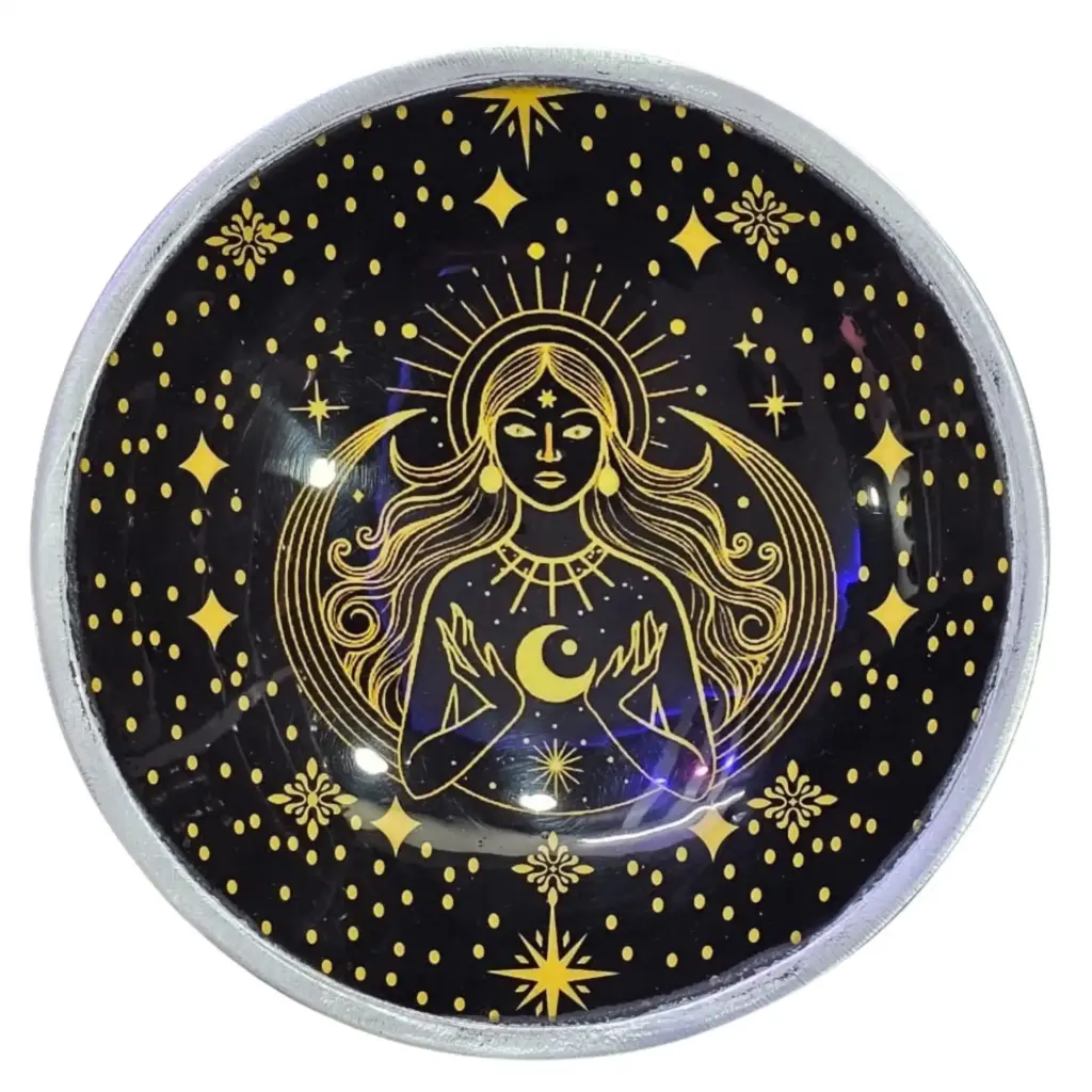 Triple Leg  Enamelled  Offering Plate – Gold Goddess on Black | www.artisangoods.co.uk 2