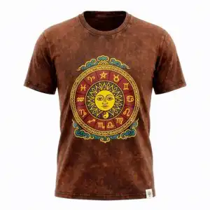 Nomad Sari Stonewashed Cotton T-Shirt – Sun & Zodiac – Brown – Large | www.artisangoods.co.uk 1