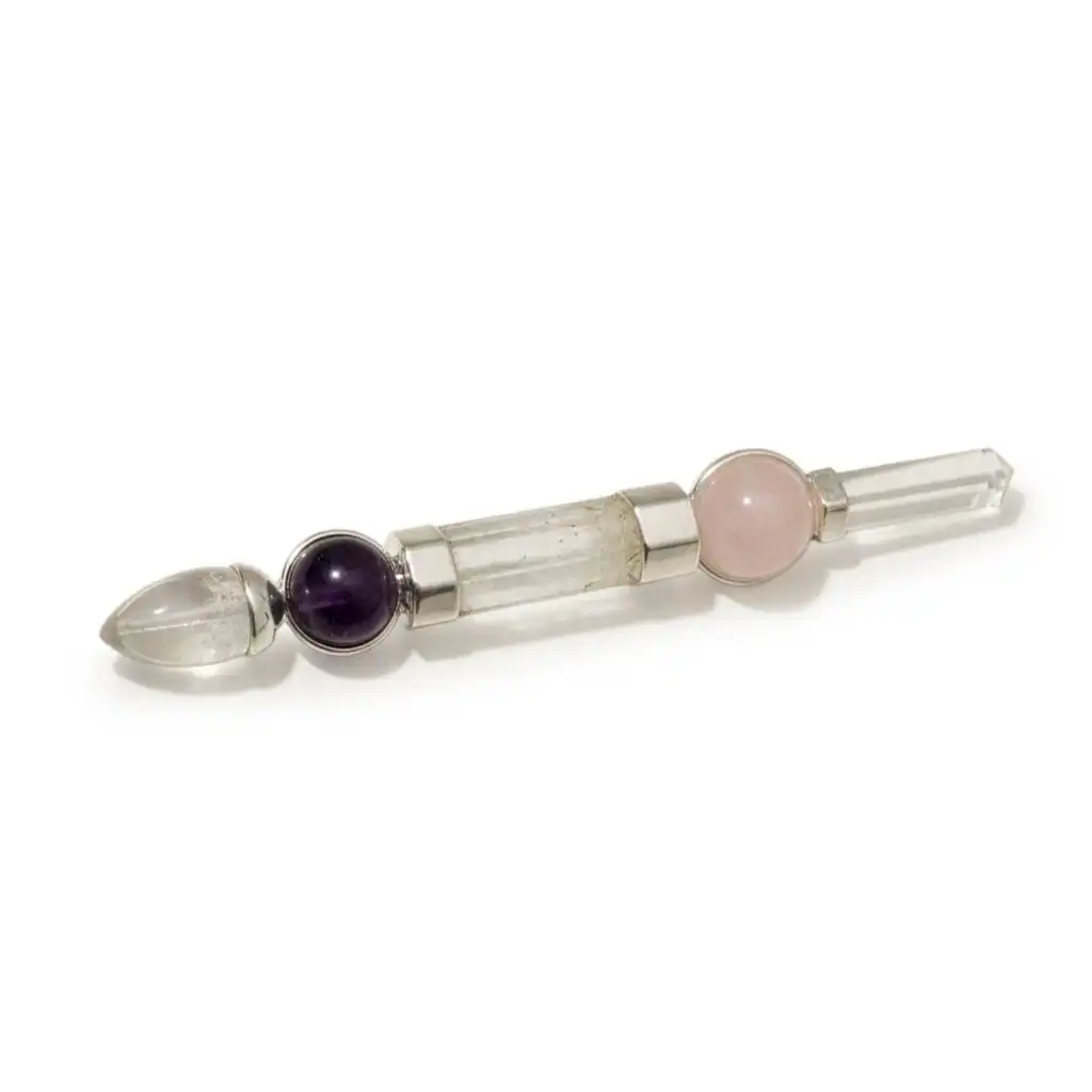 Axis of Grace Wand – Amethyst & Rose Quartz Spheres, Quartz Stem – 12cm | www.artisangoods.co.uk