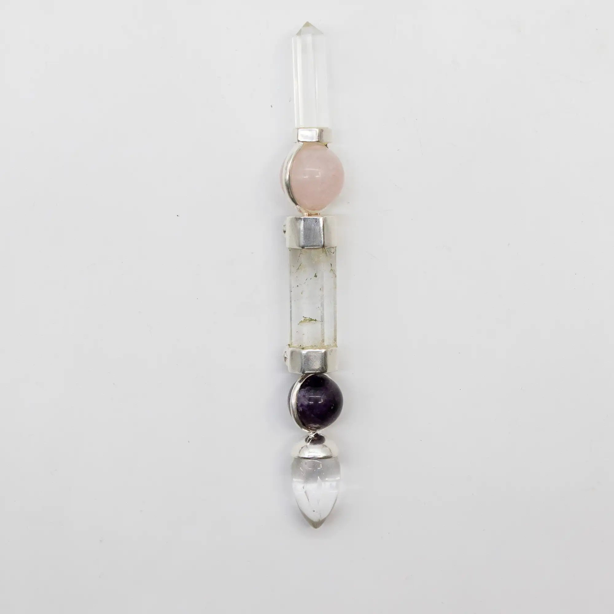 Axis of Grace Wand - Amethyst & Rose Quartz Spheres, Quartz Stem - 12cm - Image 2