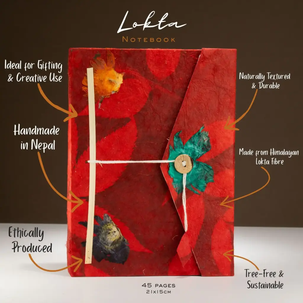 Lokta Bold Floral Notebook – Large (21x15cm) – 45 Leaves – Includes Bookmark – Ruby | www.artisangoods.co.uk
