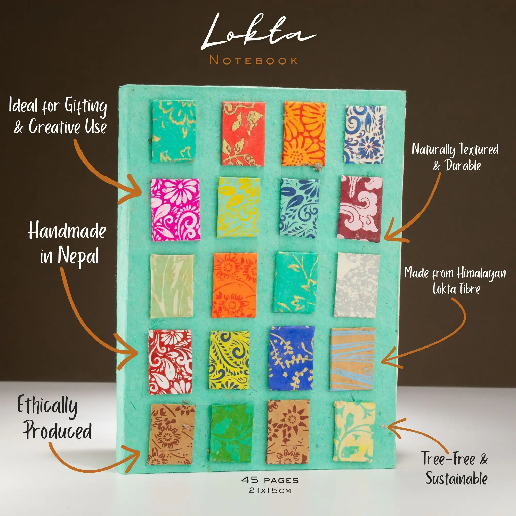 Lokta Mini Tiles Notebook – Large (21x15cm) – 45 Leaves – Includes Bookmark – Teal | www.artisangoods.co.uk 3 Lokta Mini Tiles Notebook – Large (21x15cm) – 45 Leaves – Includes Bookmark – Teal - Image 2