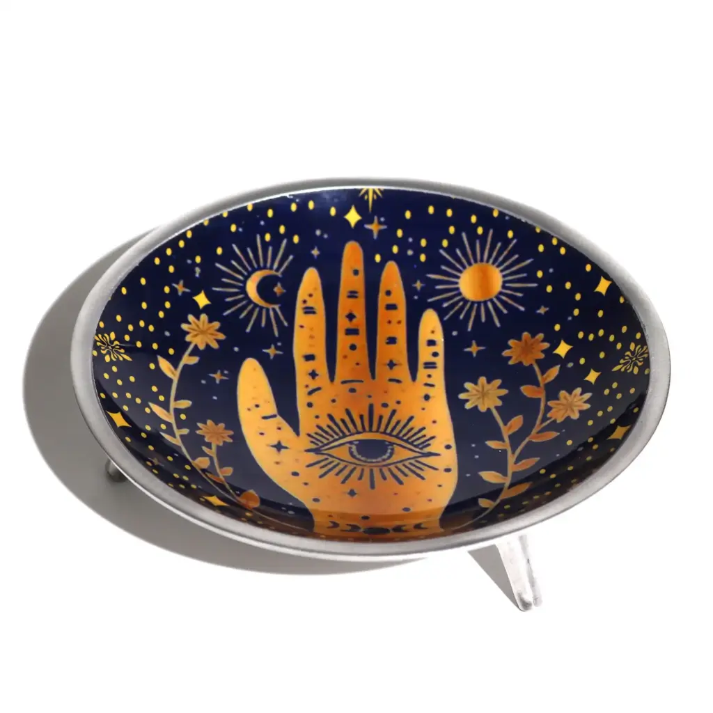 Triple Leg Enamelled Offering Plate – Hamsa Midnight Blue | www.artisangoods.co.uk