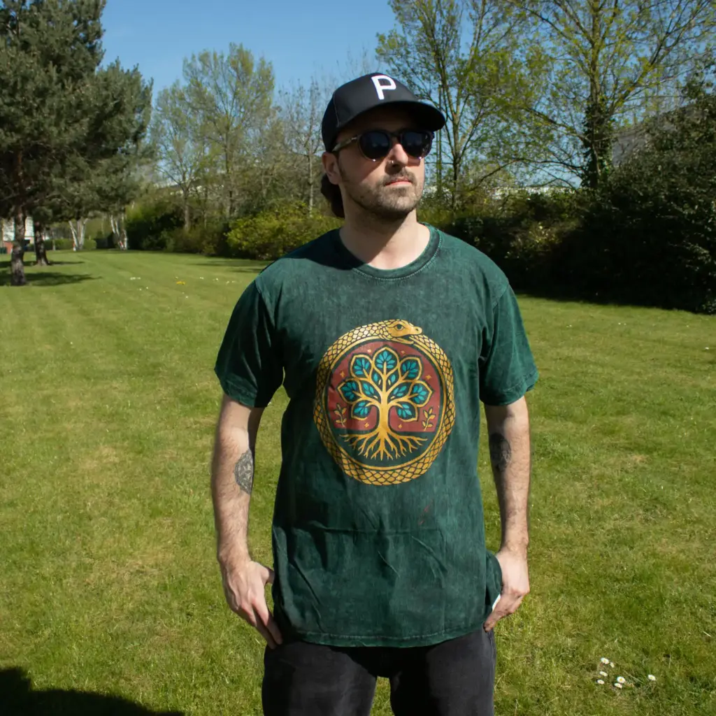 Nomad Sari Stonewashed Cotton T-Shirt – Tree of Life – Green – Large | www.artisangoods.co.uk