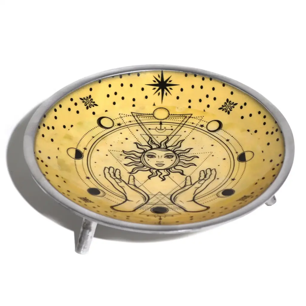 Triple Leg Enamelled Offering Plate – Hands & Sun | www.artisangoods.co.uk