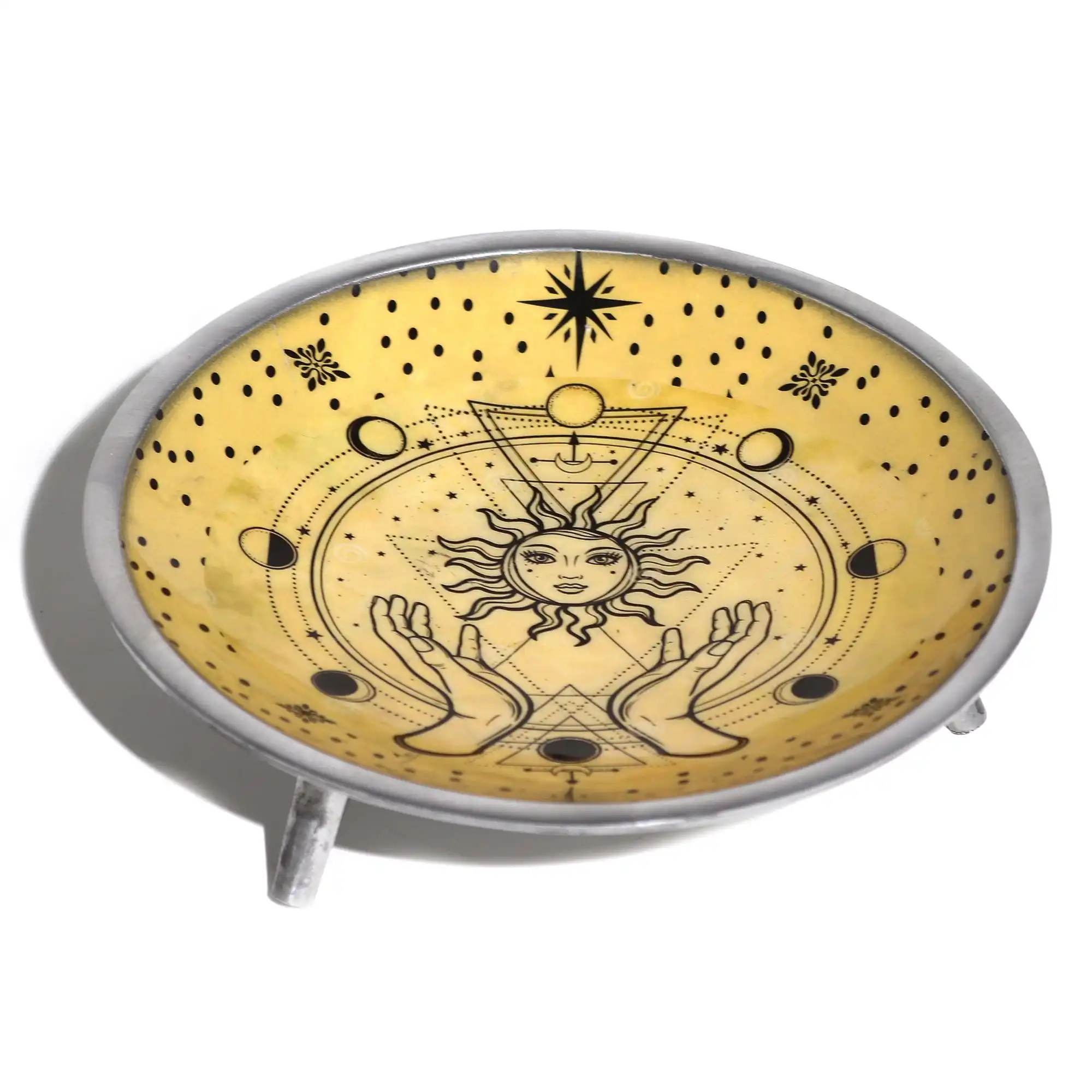 Triple Leg Enamelled Offering Plate – Hands & Sun | www.artisangoods.co.uk 2 Triple Leg Enamelled Offering Plate - Hands & Sun