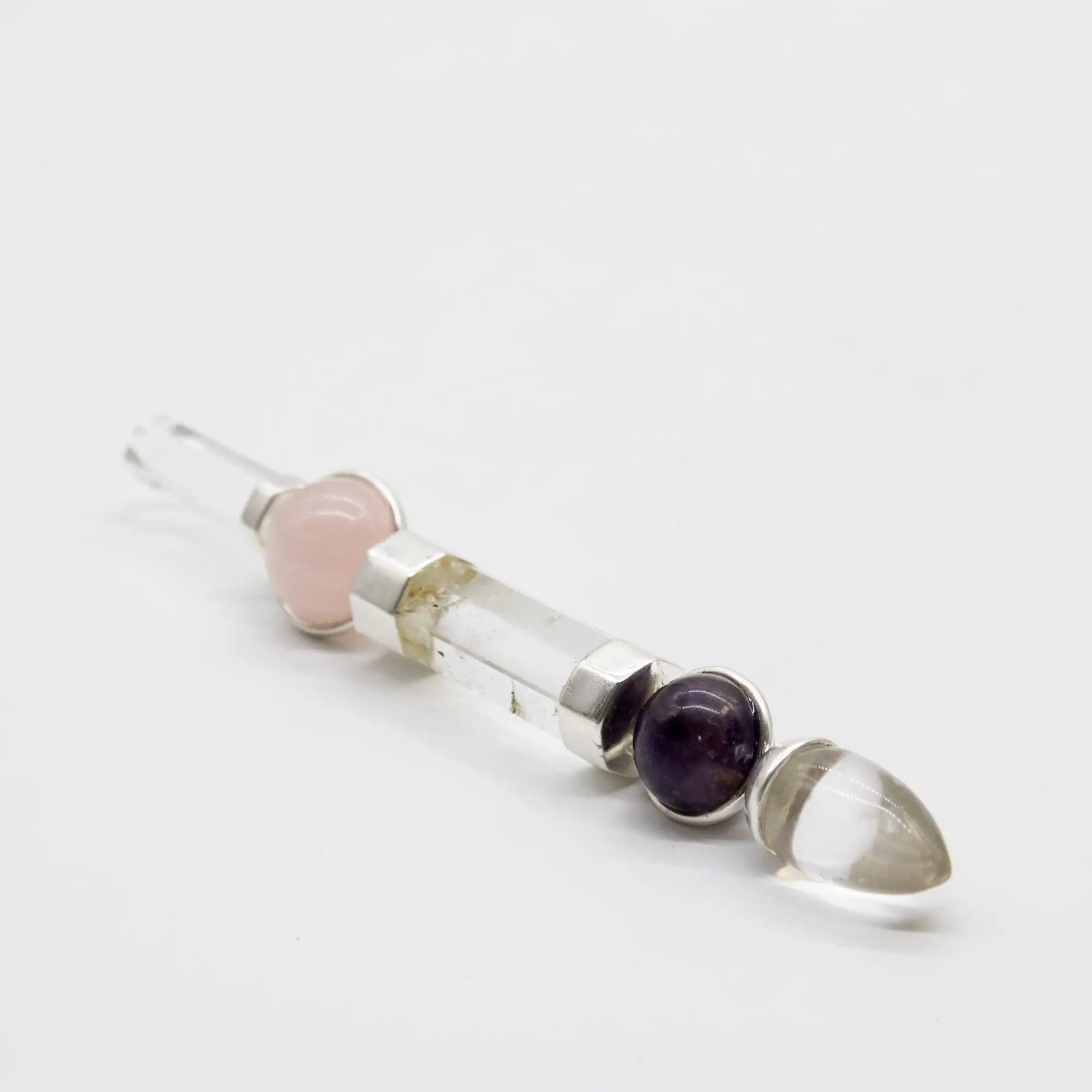 Axis of Grace Wand - Amethyst & Rose Quartz Spheres, Quartz Stem - 12cm - Image 4