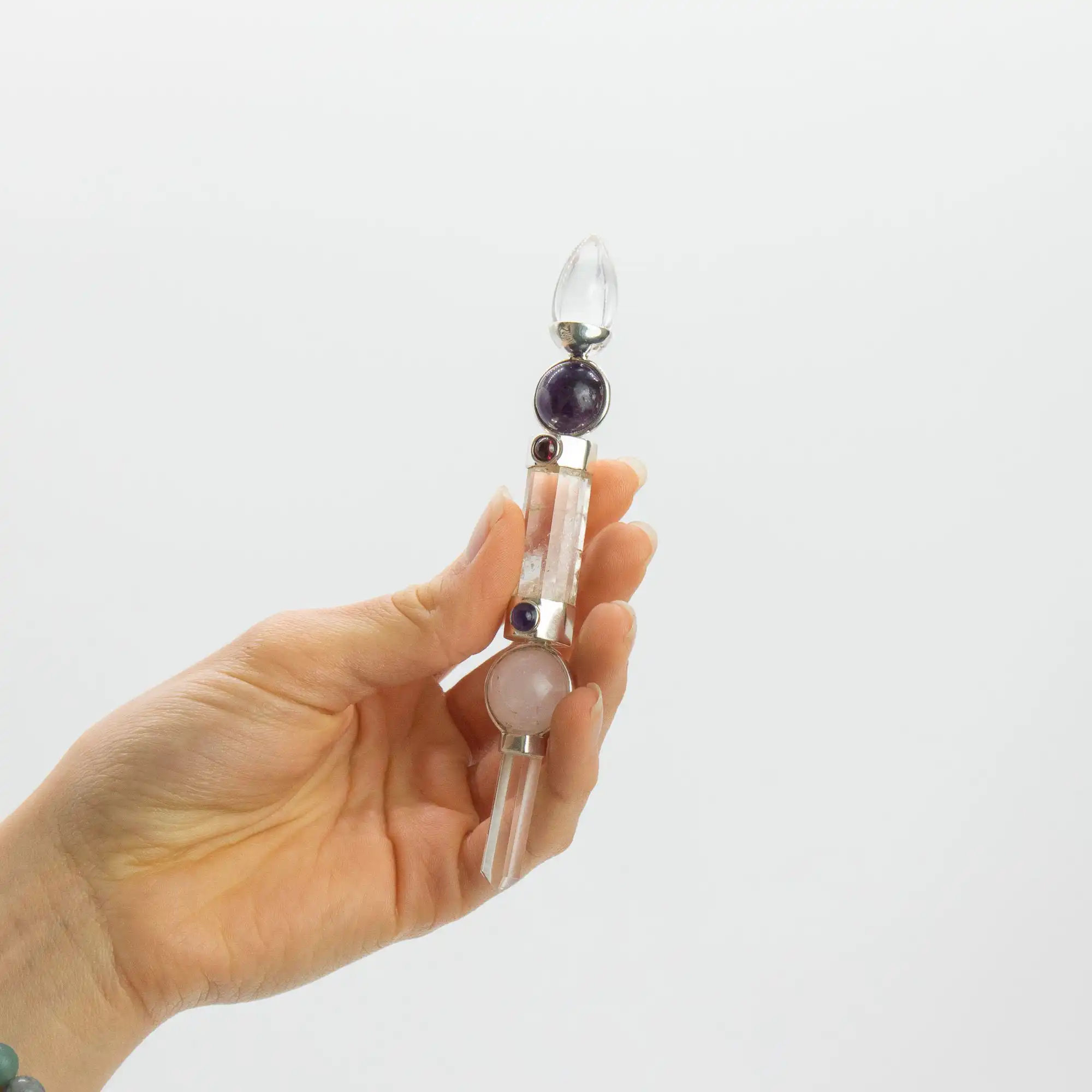 Axis of Grace Wand - Amethyst & Rose Quartz Spheres, Quartz Stem - 12cm - Image 3