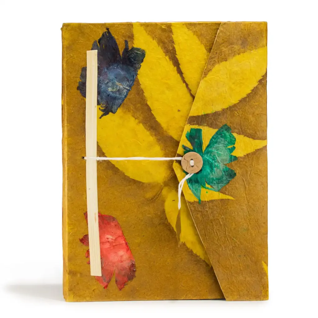Lokta Bold Floral Notebook – Large (21x15cm) – 45 Leaves – Includes Bookmark – Mustard Brown | www.artisangoods.co.uk
