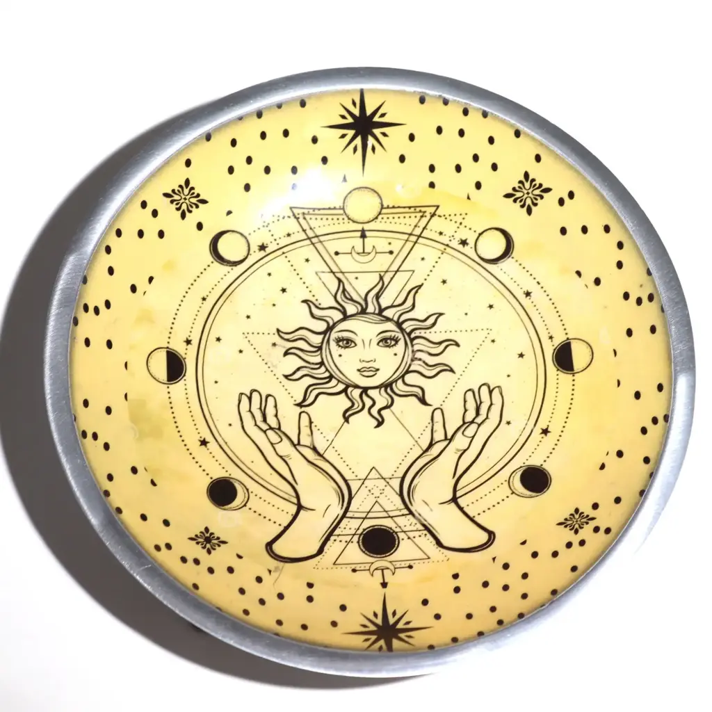 Triple Leg Enamelled Offering Plate – Hands & Sun | www.artisangoods.co.uk 3 Triple Leg Enamelled Offering Plate – Hands & Sun | www.artisangoods.co.uk 3