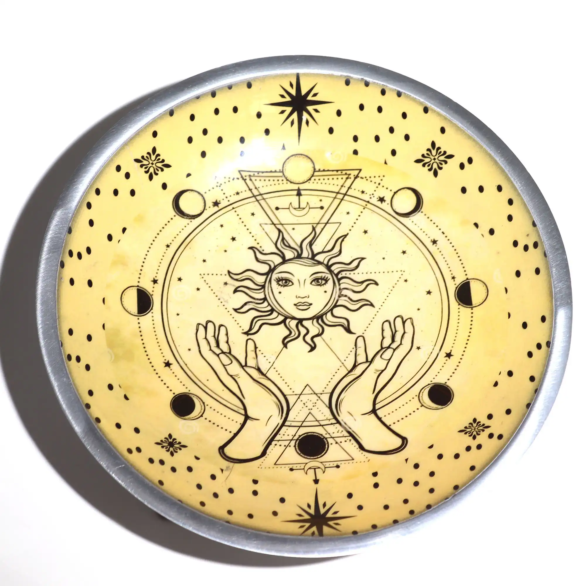 Triple Leg Enamelled Offering Plate – Hands & Sun | www.artisangoods.co.uk 4 Triple Leg Enamelled Offering Plate - Hands & Sun - Image 3