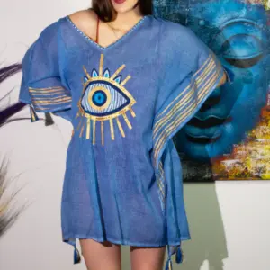 Nomad Sari Kaftan – Rich Blue & Gold Evil Eye Print | www.artisangoods.co.uk 2