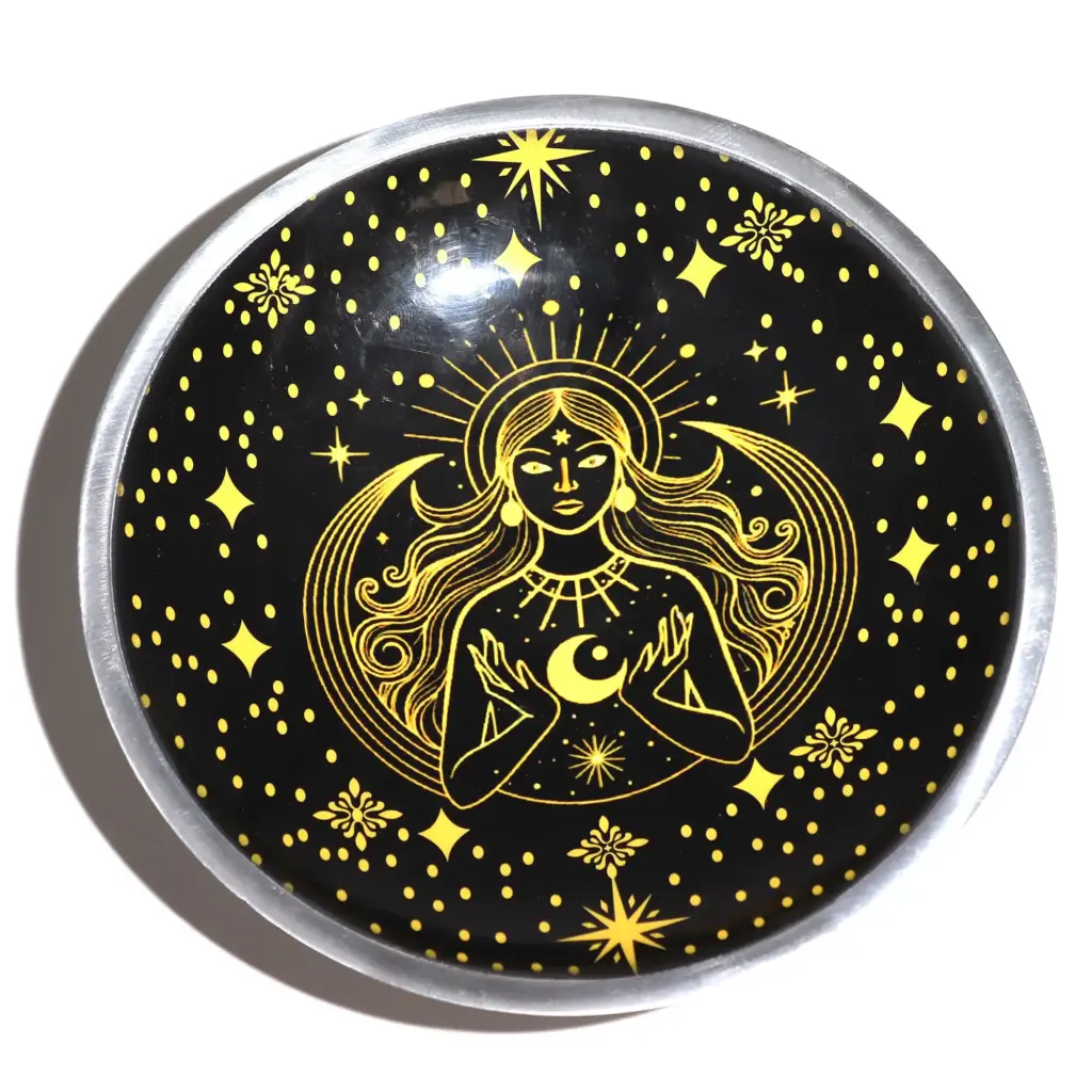 Triple Leg  Enamelled  Offering Plate – Gold Goddess on Black | www.artisangoods.co.uk 3