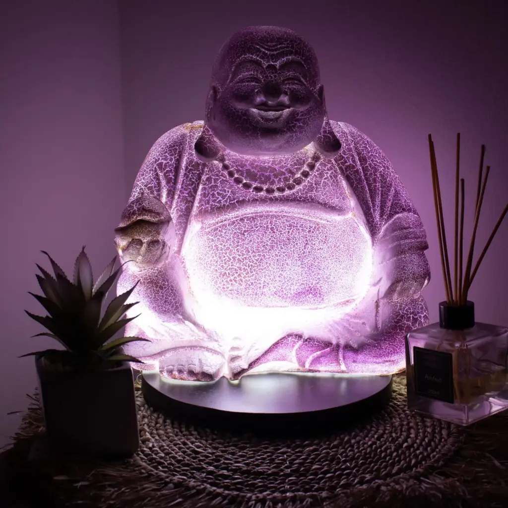 Laughing Buddha Lamp Lavender Crackle – Round Stand | www.artisangoods.co.uk 3 Laughing Buddha Lamp Lavender Crackle – Round Stand | www.artisangoods.co.uk 3