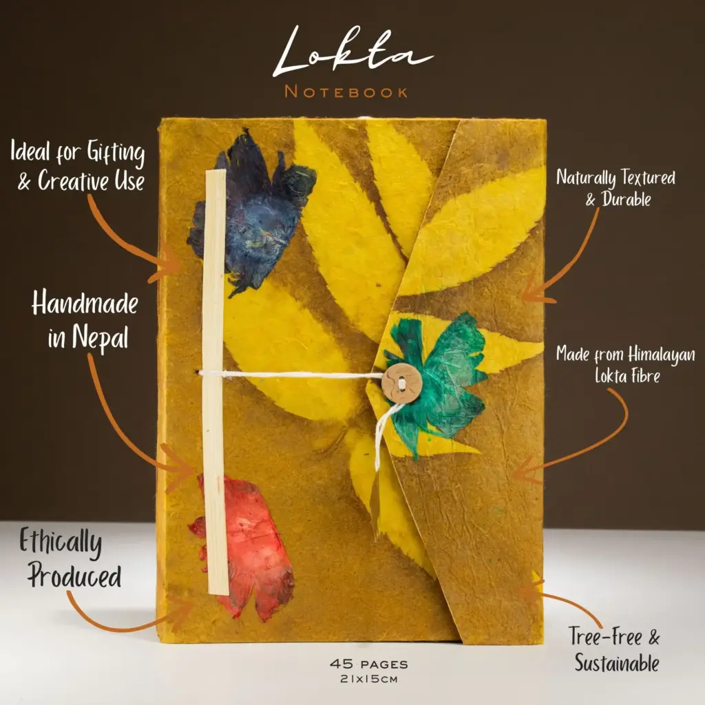 Lokta Bold Floral Notebook – Large (21x15cm) – 45 Leaves – Includes Bookmark – Mustard Brown | www.artisangoods.co.uk 2 Lokta Bold Floral Notebook – Large (21x15cm) – 45 Leaves – Includes Bookmark – Mustard Brown | www.artisangoods.co.uk 2