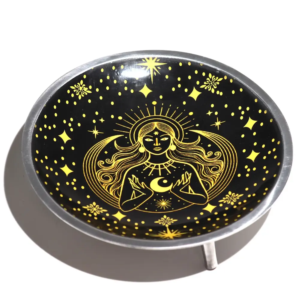 Triple Leg  Enamelled  Offering Plate – Gold Goddess on Black | www.artisangoods.co.uk 4
