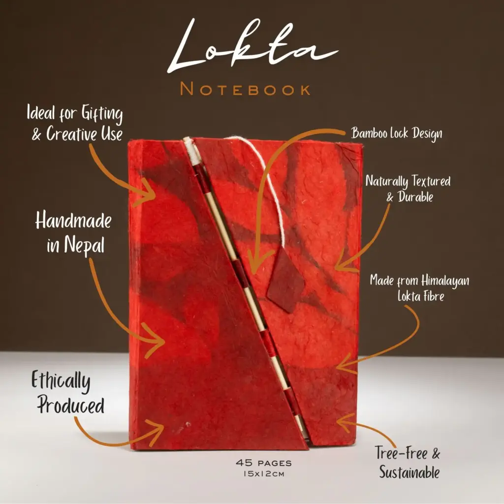Lokta Bold Floral Bamboo Lock Notebook – Medium (15x12cm) – 45 Leaves – Ruby | www.artisangoods.co.uk