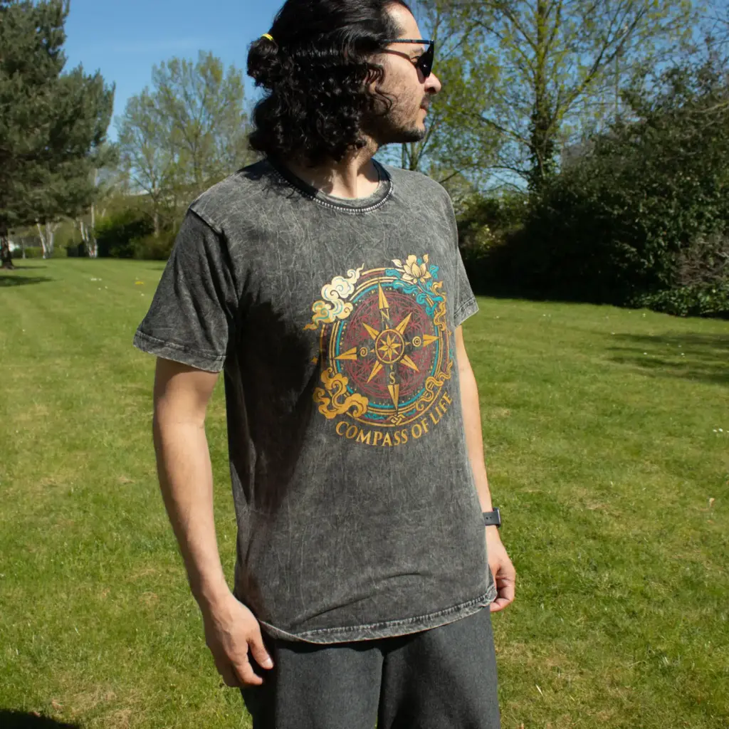 Nomad Sari Stonewashed Cotton T-Shirt – Compass of Life – Charcoal – Small | www.artisangoods.co.uk
