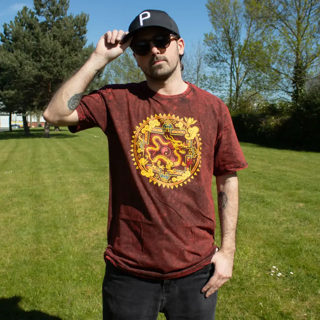 Nomad Sari Stonewashed Cotton T-Shirt – Dragon Mandala – Maroon – Large | www.artisangoods.co.uk 2