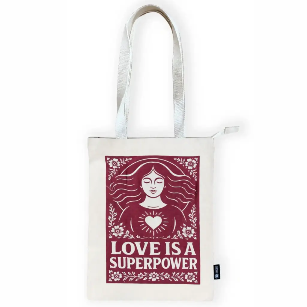 Nomad Sari Iconic Toni Tote Bag – Love is a Super Power – Natural 10oz | www.artisangoods.co.uk