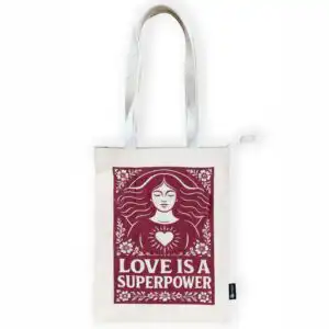 Nomad Sari Iconic Toni Tote Bag – Love is a Super Power – Natural 10oz | www.artisangoods.co.uk 1